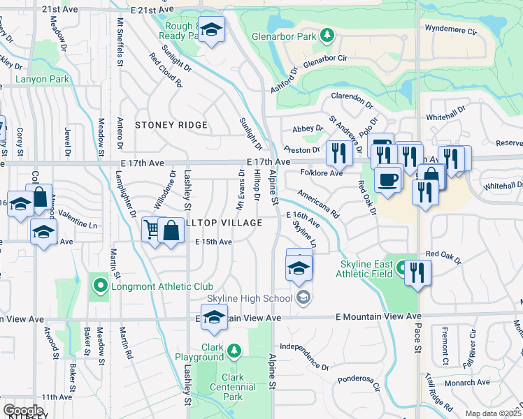map of restaurants, bars, coffee shops, grocery stores, and more near 1606 Hilltop Drive in Longmont