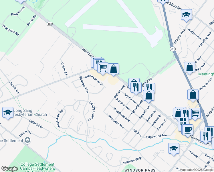 map of restaurants, bars, coffee shops, grocery stores, and more near 3 Greenwoods Drive in Horsham