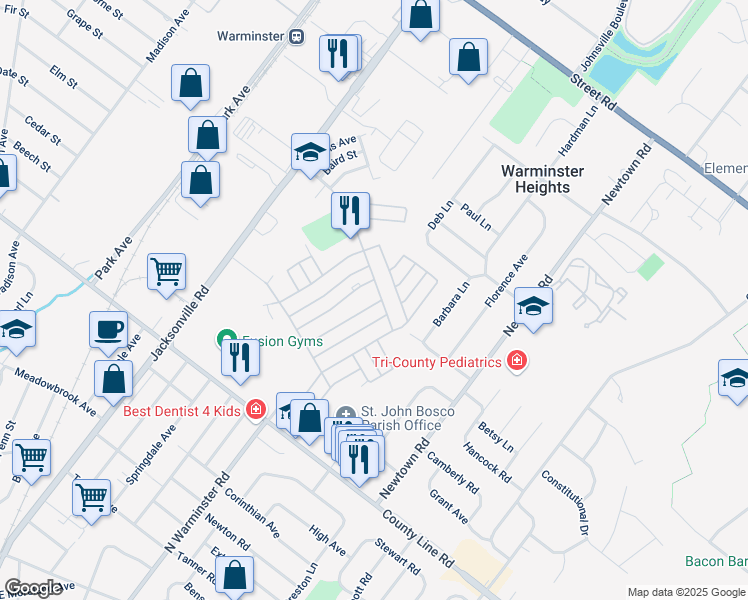 map of restaurants, bars, coffee shops, grocery stores, and more near 63 Grier Street in Warminster