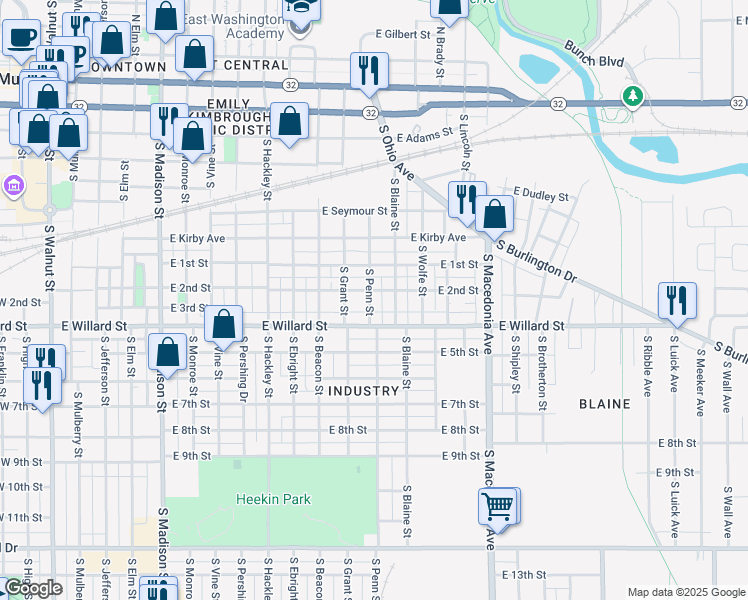 map of restaurants, bars, coffee shops, grocery stores, and more near 906 South Penn Street in Muncie