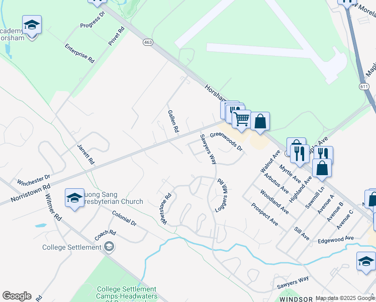 map of restaurants, bars, coffee shops, grocery stores, and more near 3 Firewood Drive in Horsham