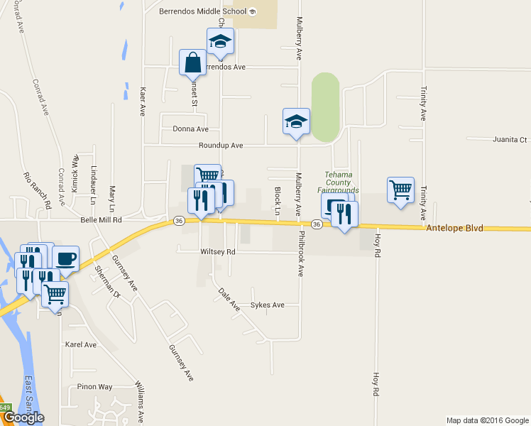 map of restaurants, bars, coffee shops, grocery stores, and more near 550 Antelope Boulevard in Red Bluff
