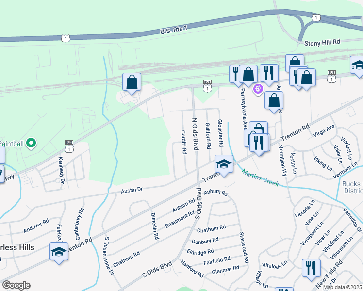 map of restaurants, bars, coffee shops, grocery stores, and more near 243 Cardiff Road in Fairless Hills