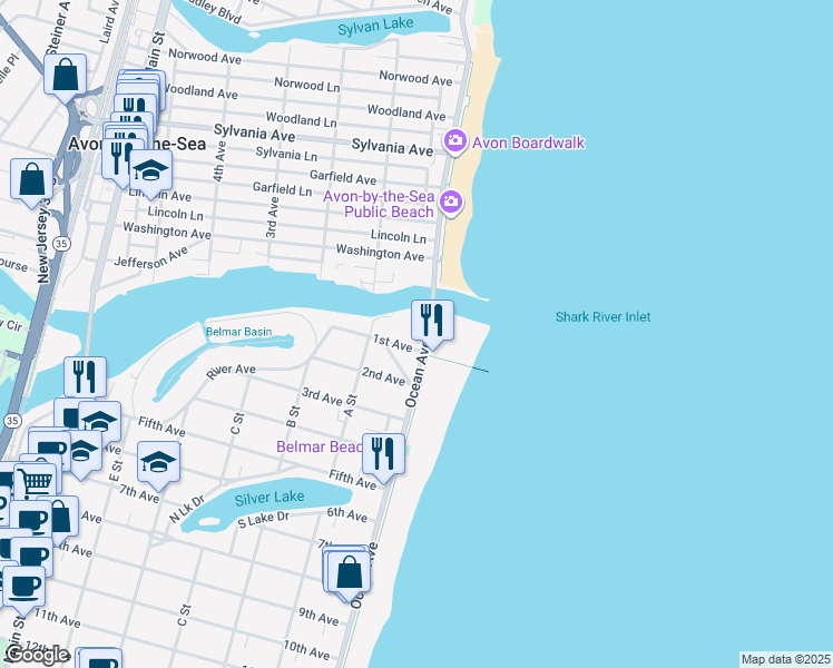 map of restaurants, bars, coffee shops, grocery stores, and more near 104 1st Avenue in Belmar
