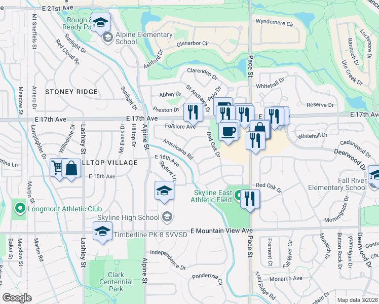map of restaurants, bars, coffee shops, grocery stores, and more near 706 Picket Lane in Longmont