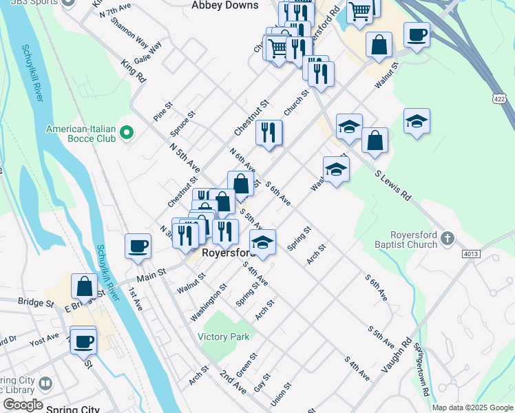 map of restaurants, bars, coffee shops, grocery stores, and more near 532 Walnut Street in Royersford