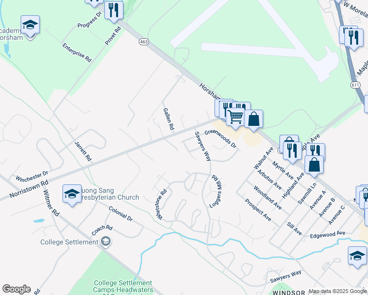 map of restaurants, bars, coffee shops, grocery stores, and more near 3 Firewood Drive in Horsham