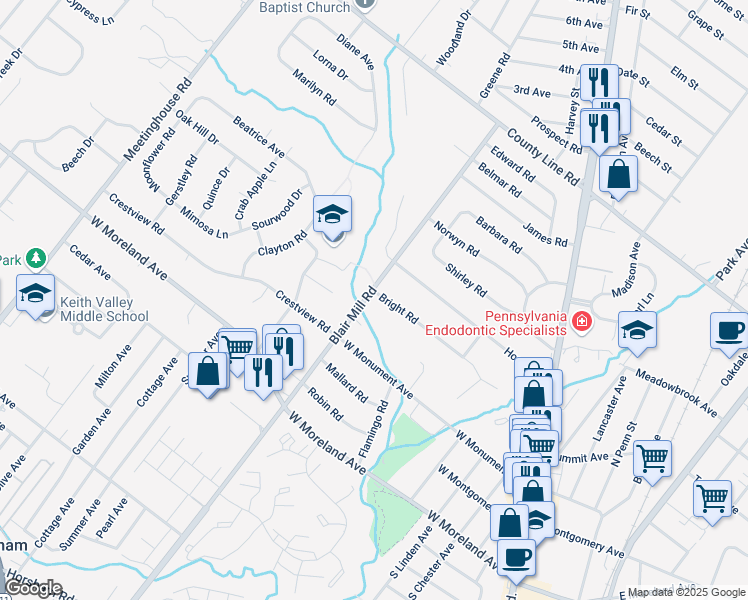 map of restaurants, bars, coffee shops, grocery stores, and more near 59 Bright Road in Hatboro