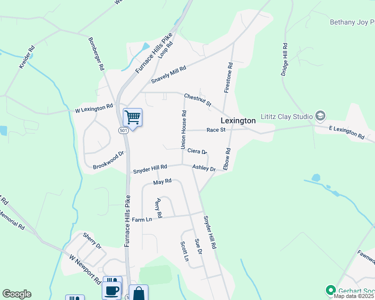 map of restaurants, bars, coffee shops, grocery stores, and more near 115 Ciera Drive in Lititz
