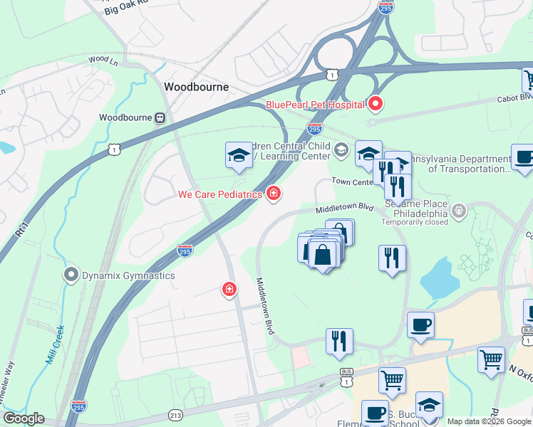 map of restaurants, bars, coffee shops, grocery stores, and more near 402 Middletown Boulevard in Langhorne