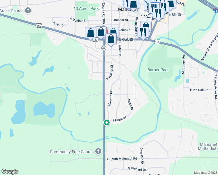 map of restaurants, bars, coffee shops, grocery stores, and more near 1003 South Marietta Drive in Mahomet