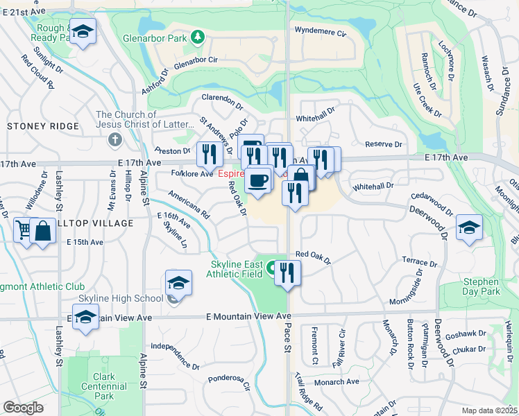 map of restaurants, bars, coffee shops, grocery stores, and more near 1611 Pace Street in Longmont