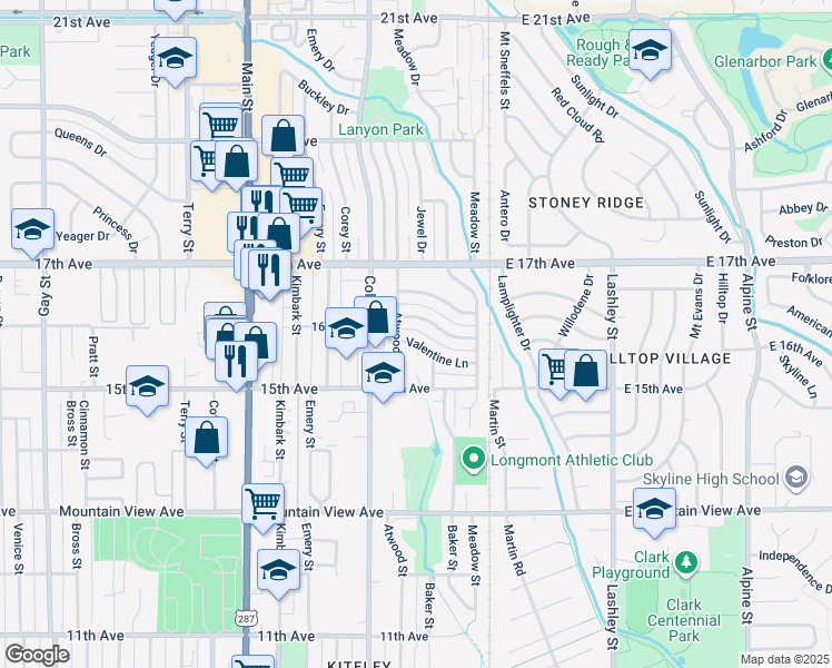 map of restaurants, bars, coffee shops, grocery stores, and more near 128 Valentine Lane in Longmont