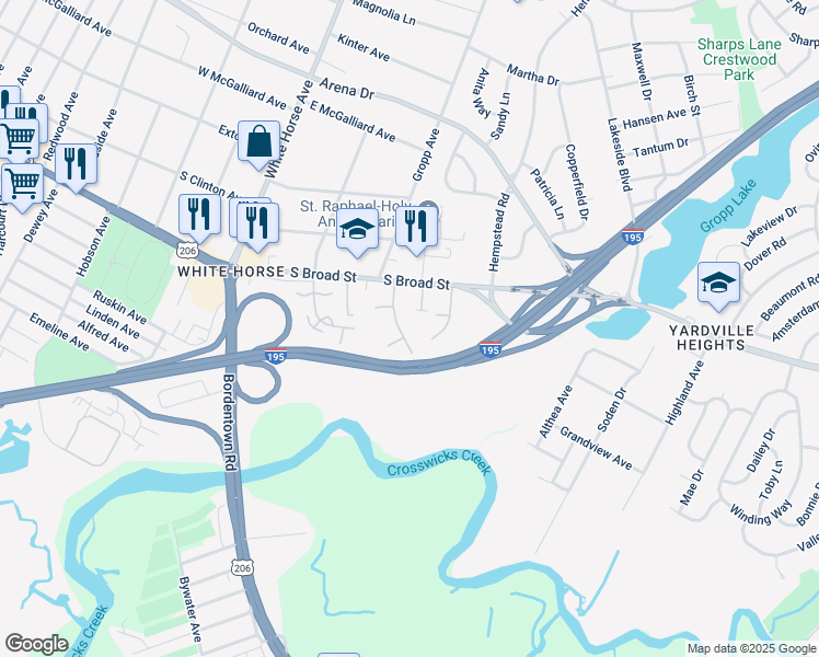 map of restaurants, bars, coffee shops, grocery stores, and more near 3399 South Broad Street in Hamilton Township