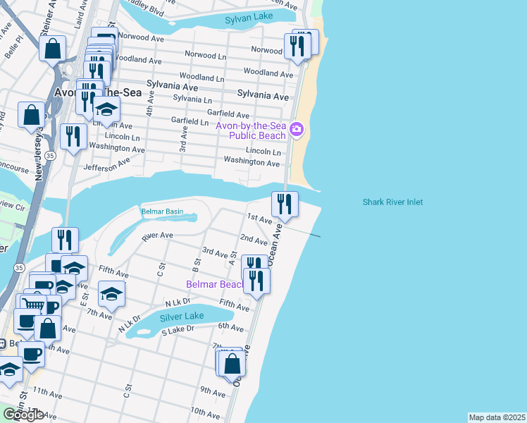map of restaurants, bars, coffee shops, grocery stores, and more near 104 1st Avenue in Belmar