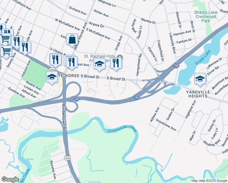map of restaurants, bars, coffee shops, grocery stores, and more near 3399 South Broad Street in Hamilton Township