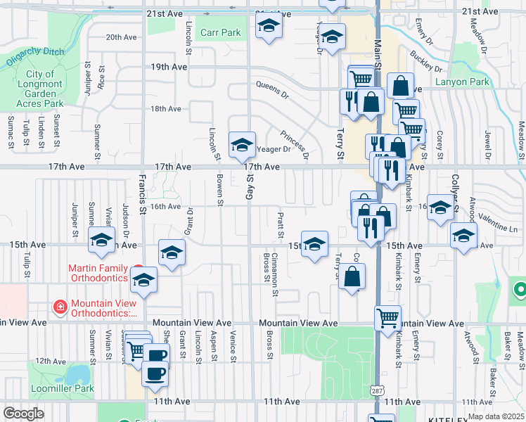 map of restaurants, bars, coffee shops, grocery stores, and more near 1553 Cushman Court in Longmont