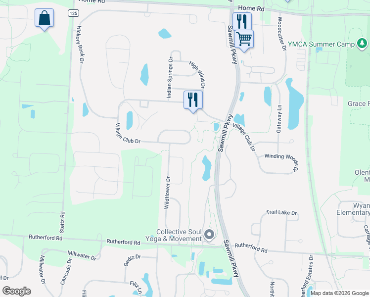 map of restaurants, bars, coffee shops, grocery stores, and more near 4500 Village Club Drive in Powell