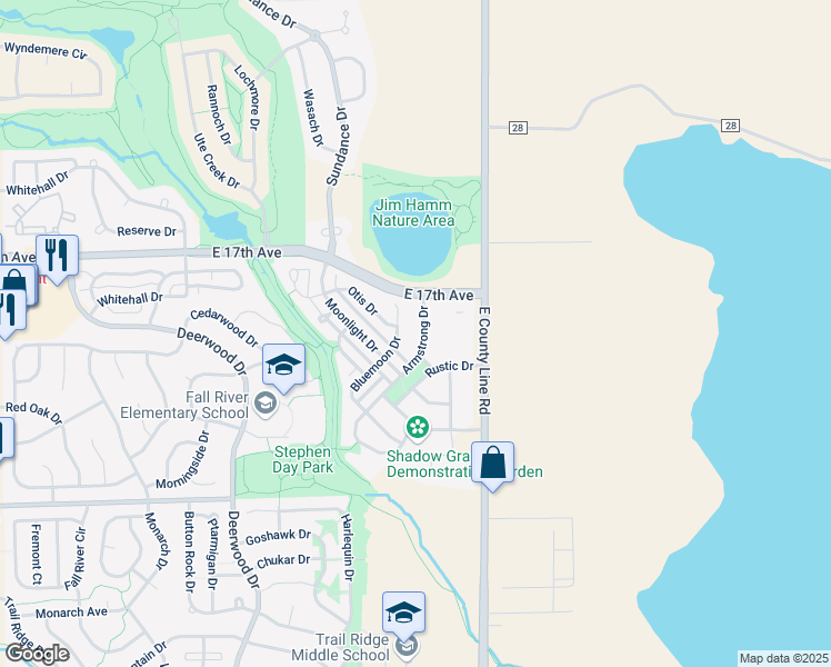 map of restaurants, bars, coffee shops, grocery stores, and more near 1519 Armstrong Drive in Longmont