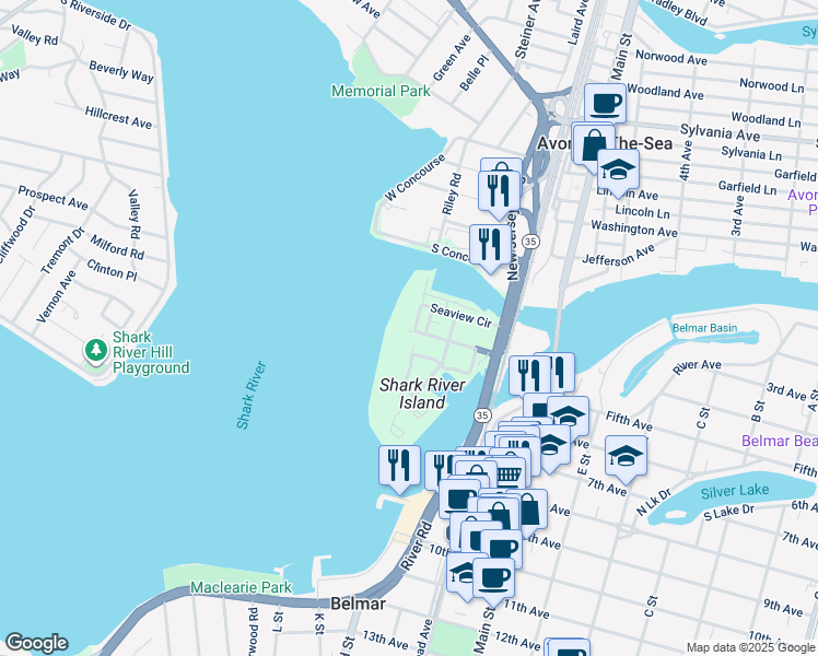 map of restaurants, bars, coffee shops, grocery stores, and more near 401 Seaview Circle in Neptune City