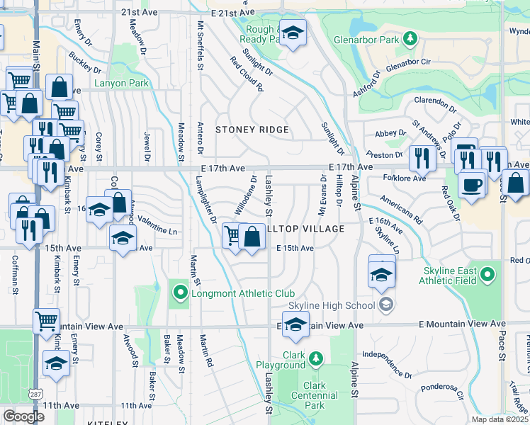 map of restaurants, bars, coffee shops, grocery stores, and more near 1547 Lashley Street in Longmont