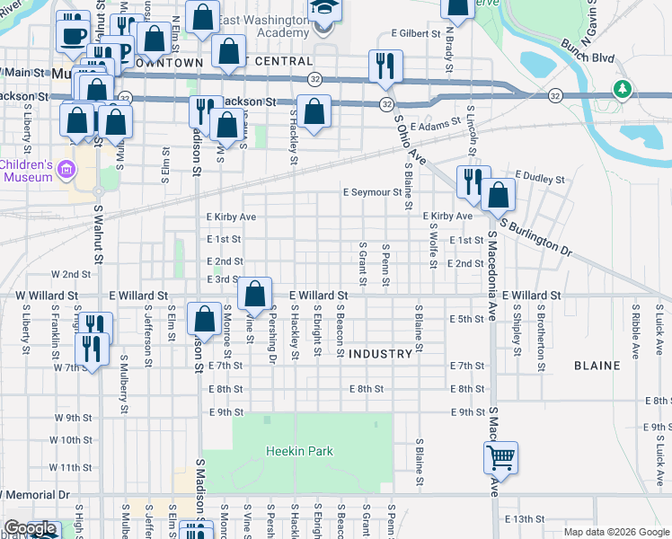 map of restaurants, bars, coffee shops, grocery stores, and more near 907 South Beacon Street in Muncie