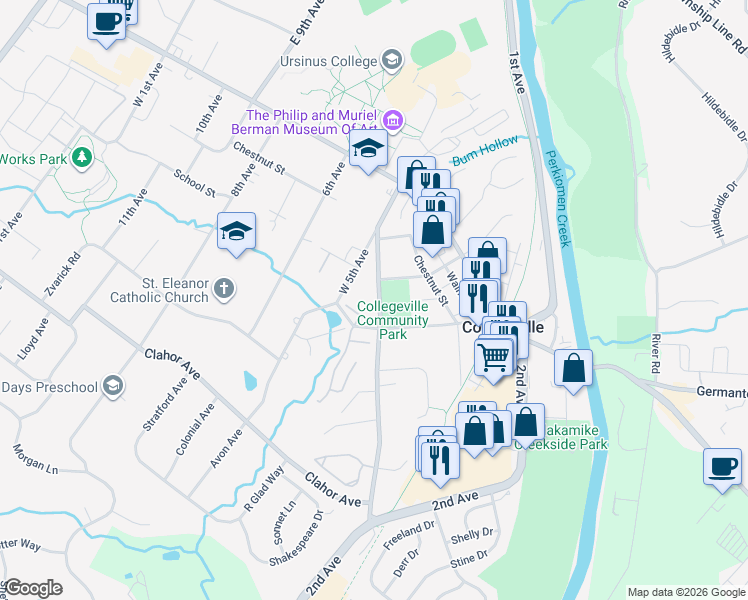 map of restaurants, bars, coffee shops, grocery stores, and more near 330 Park Avenue in Collegeville