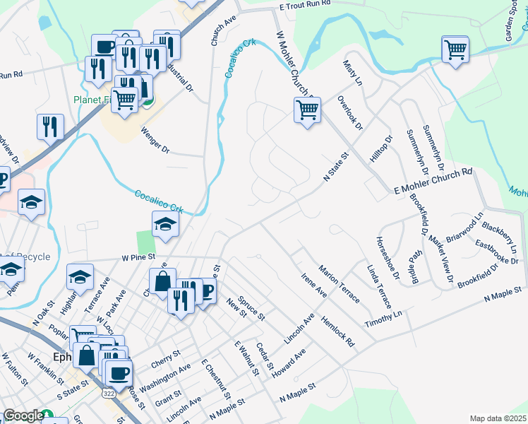 map of restaurants, bars, coffee shops, grocery stores, and more near 27 Silver Maple Cir in Ephrata