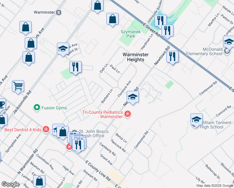 map of restaurants, bars, coffee shops, grocery stores, and more near in Warminster