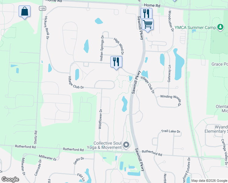 map of restaurants, bars, coffee shops, grocery stores, and more near 4500 Village Club Drive in Powell