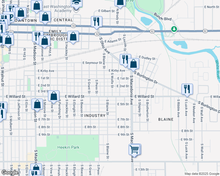 map of restaurants, bars, coffee shops, grocery stores, and more near 905 South Wolfe Street in Muncie