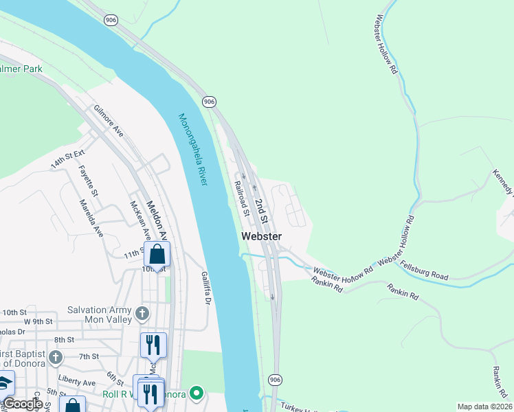 map of restaurants, bars, coffee shops, grocery stores, and more near 905 Pennsylvania 906 in Monessen