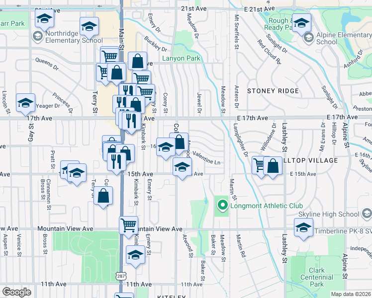 map of restaurants, bars, coffee shops, grocery stores, and more near 1548 Collyer Street in Longmont