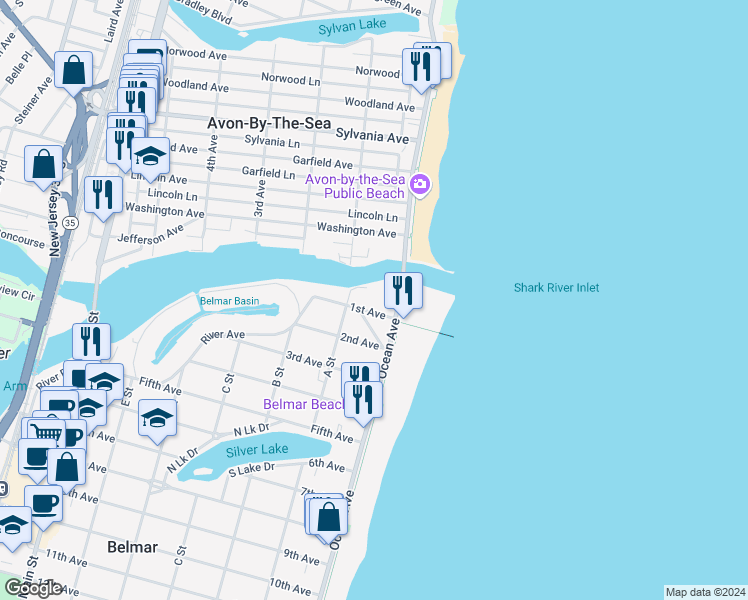 map of restaurants, bars, coffee shops, grocery stores, and more near 104 1st Avenue in Belmar