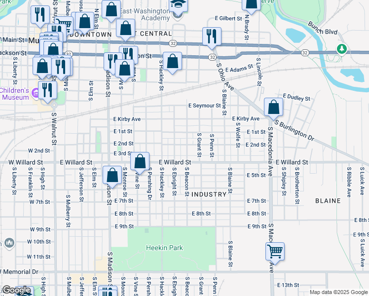 map of restaurants, bars, coffee shops, grocery stores, and more near 907 South Beacon Street in Muncie