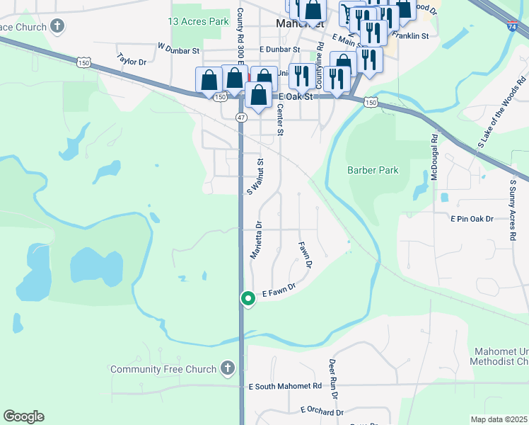 map of restaurants, bars, coffee shops, grocery stores, and more near 1003 South Marietta Drive in Mahomet