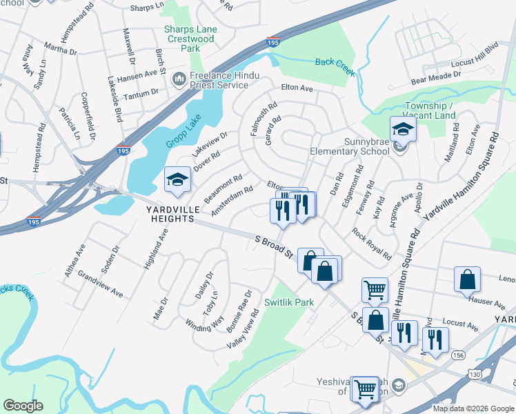 map of restaurants, bars, coffee shops, grocery stores, and more near 4134 South Broad Street in Hamilton Township