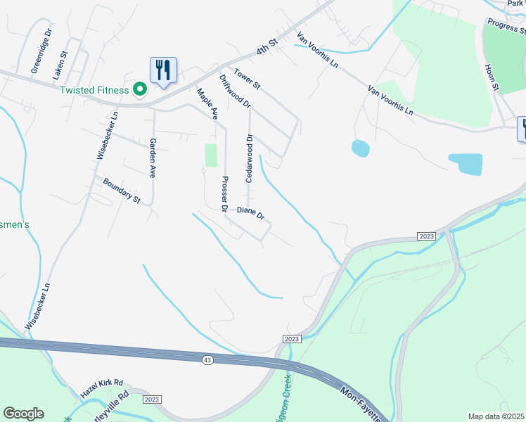 map of restaurants, bars, coffee shops, grocery stores, and more near 209 Diane Drive in Monongahela