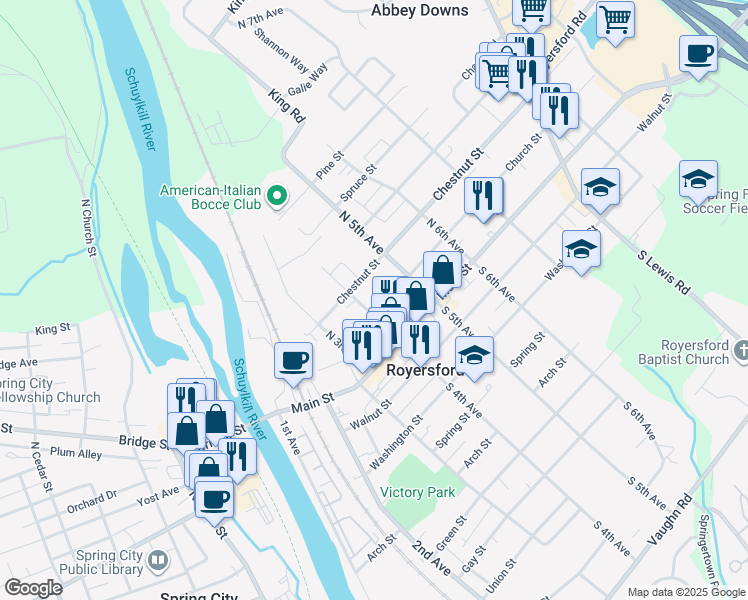 map of restaurants, bars, coffee shops, grocery stores, and more near 415 Church Street in Royersford