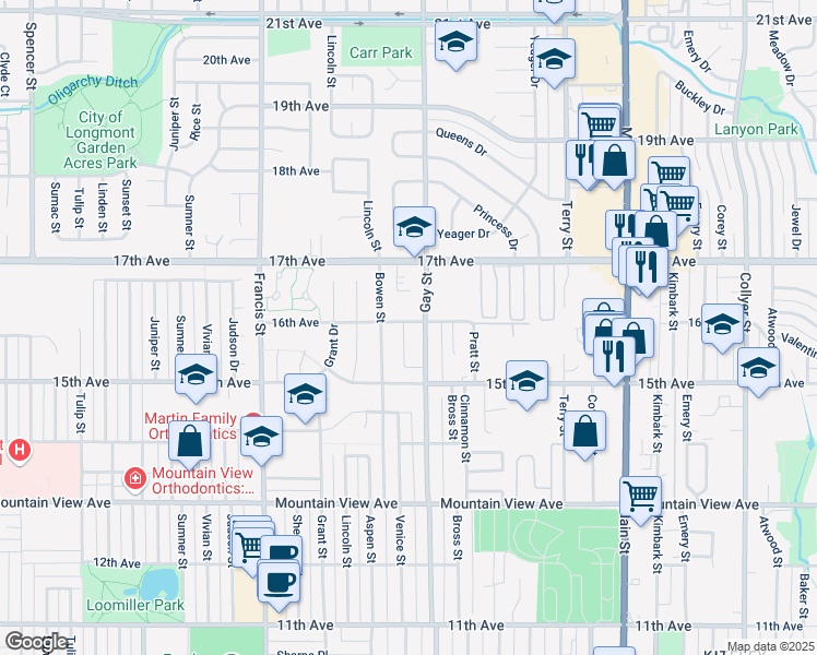map of restaurants, bars, coffee shops, grocery stores, and more near 1211 16th Avenue in Longmont