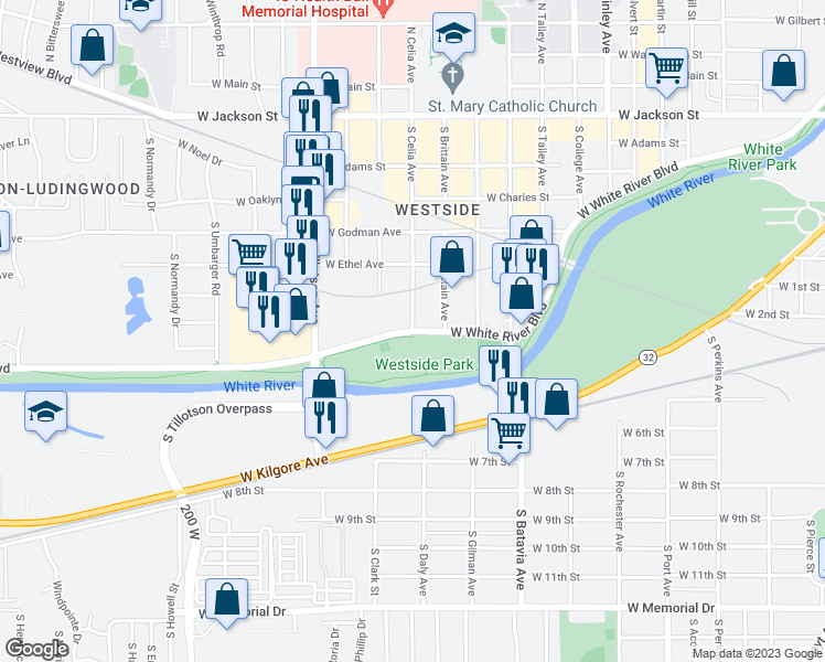 map of restaurants, bars, coffee shops, grocery stores, and more near 2500 West White River Boulevard in Muncie