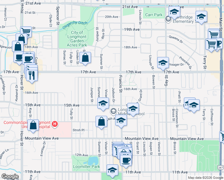 map of restaurants, bars, coffee shops, grocery stores, and more near 1558 Vivian Street in Longmont