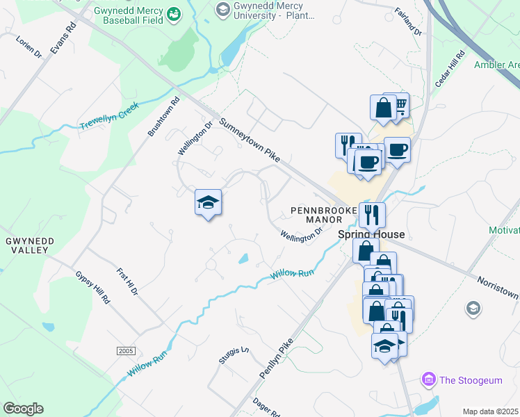 map of restaurants, bars, coffee shops, grocery stores, and more near 189 Fox Run Road in Spring House
