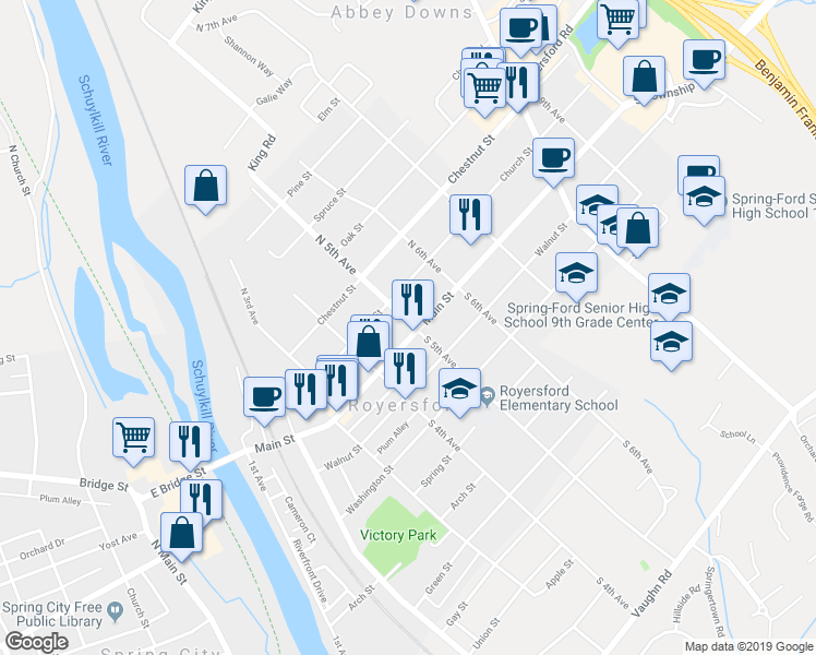 map of restaurants, bars, coffee shops, grocery stores, and more near 25 North 5th Avenue in Royersford