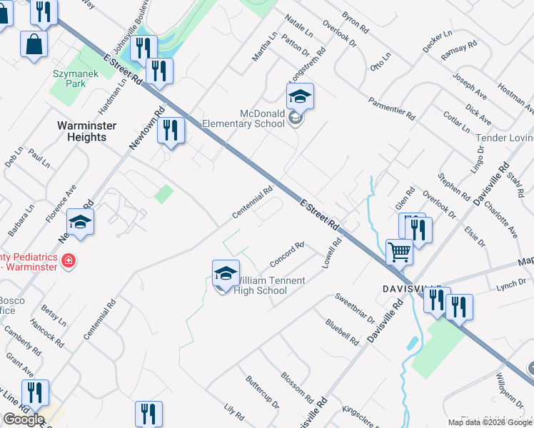 map of restaurants, bars, coffee shops, grocery stores, and more near 512 Winding Way in Warminster