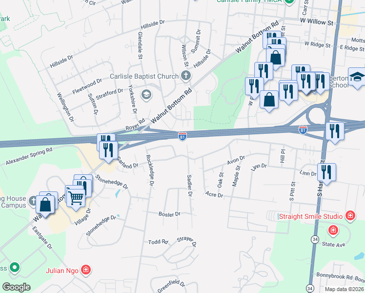 map of restaurants, bars, coffee shops, grocery stores, and more near 904 Sadler Ct in Carlisle