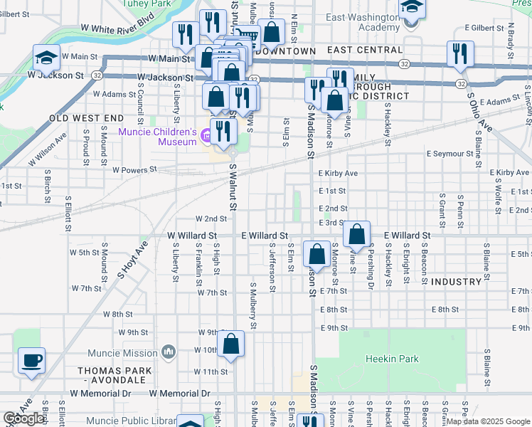 map of restaurants, bars, coffee shops, grocery stores, and more near 905 South Jefferson Street in Muncie