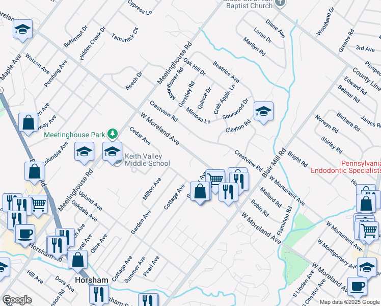 map of restaurants, bars, coffee shops, grocery stores, and more near 210 West Moreland Avenue in Hatboro