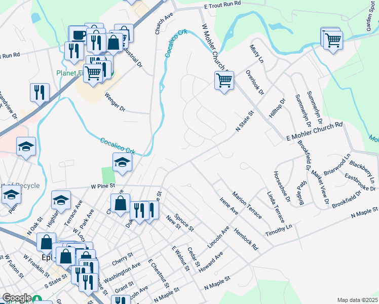 map of restaurants, bars, coffee shops, grocery stores, and more near 27 Silver Maple Circle in Ephrata