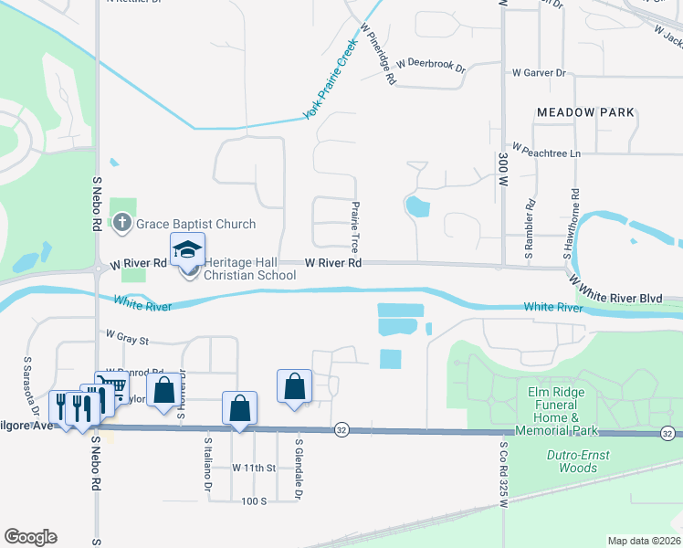 map of restaurants, bars, coffee shops, grocery stores, and more near 5501 West River Road in Muncie